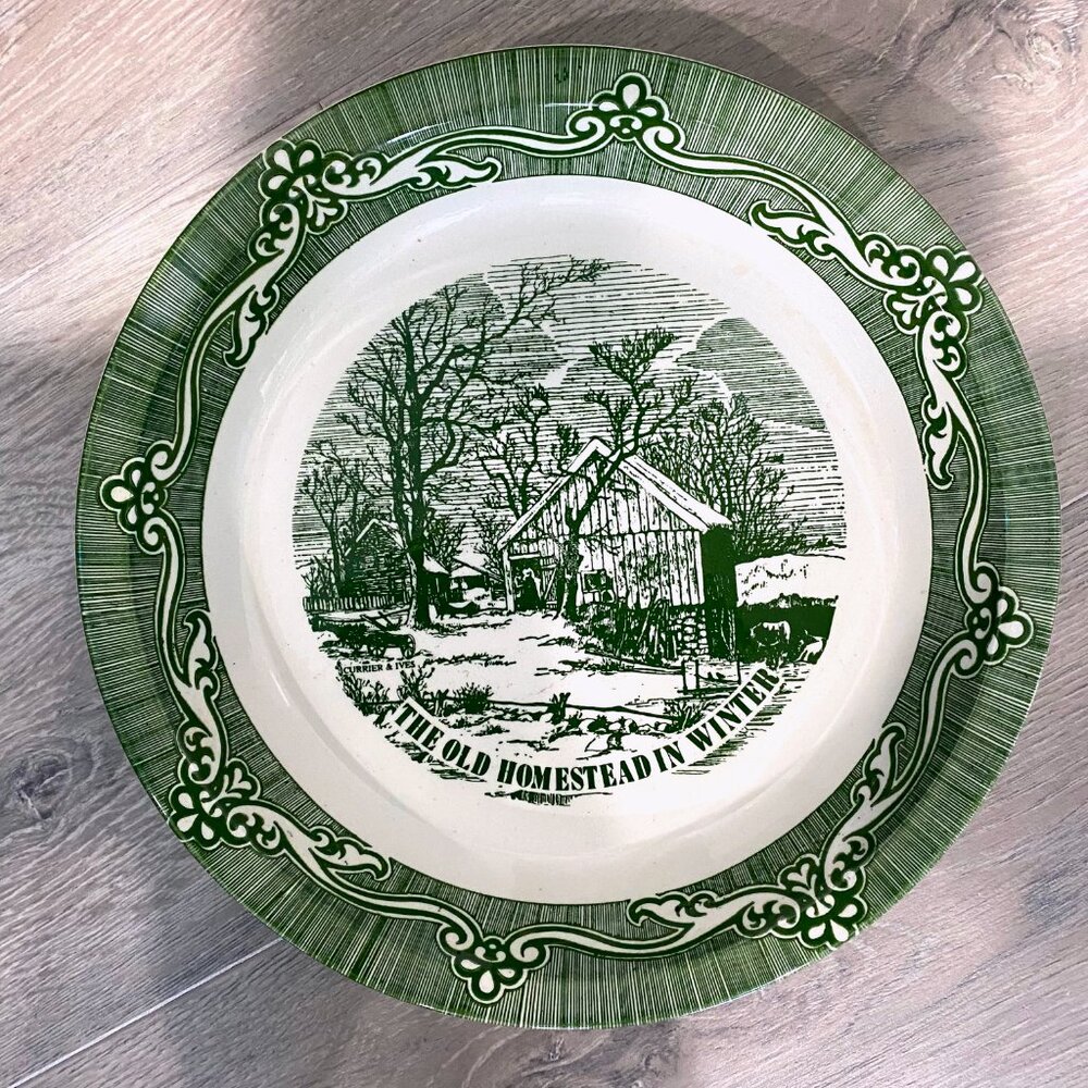 ROYAL "THE OLD HOMESTEAD IN WINTER" GREEN TRANSFER 10" PIE PLATE CURRIER & IVES